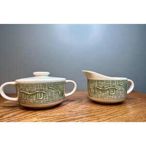 Royal China Currier and Ives Green Yoke and Plow Lidded Sugar and Creamer Set
